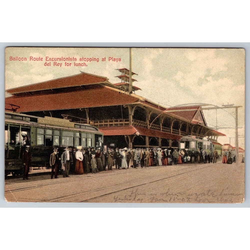 1908 Playa del Rey Balloon Route Excursion Trolley Postcard Los Angeles CA